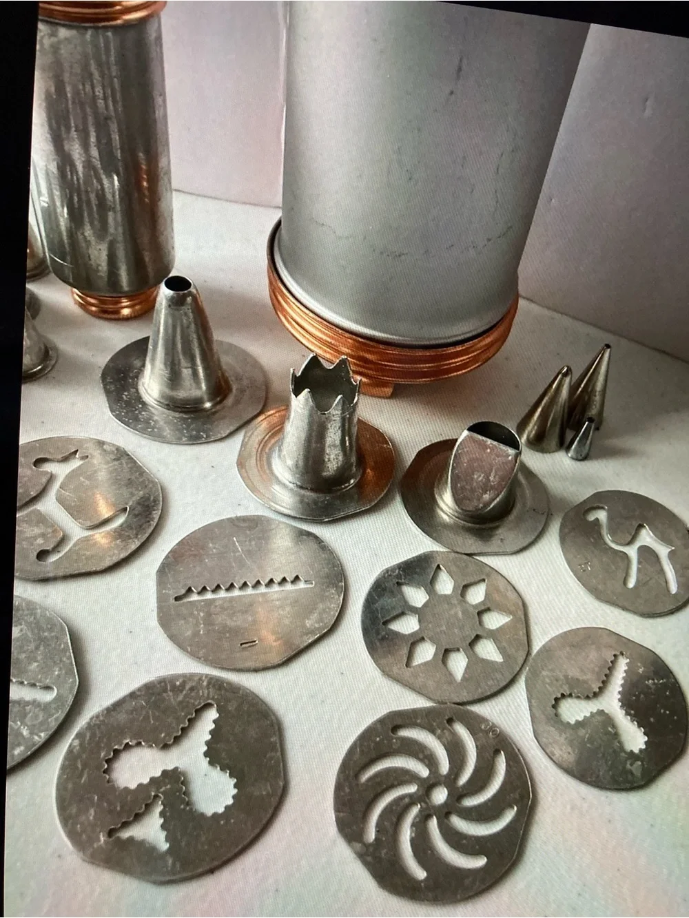 Vintage Mirro Copper-Accent Silver Cookie Press Set with Nozzles & Discs